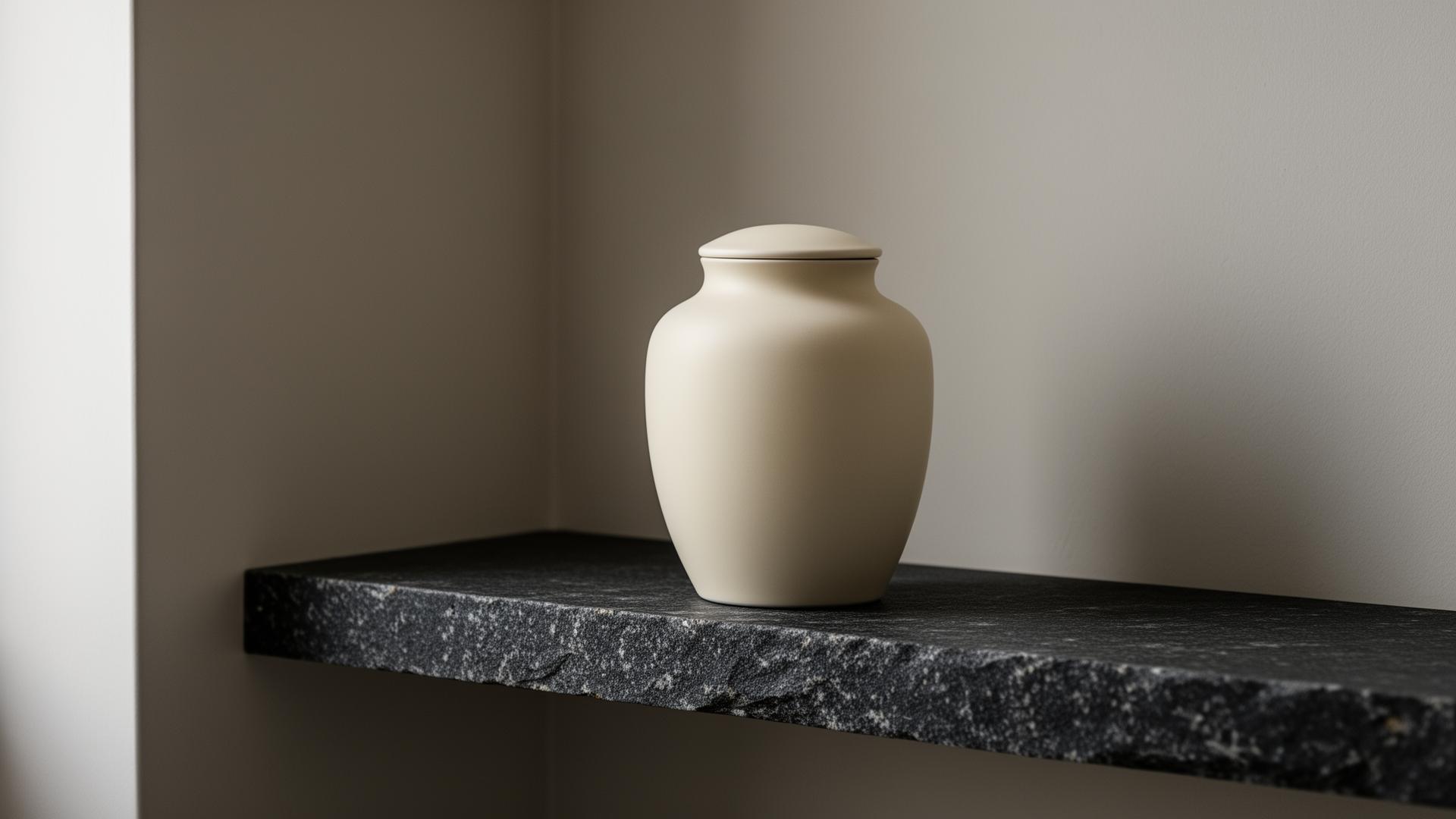 Urne funéraire en céramique mate posée sur une étagère en granit sombre
