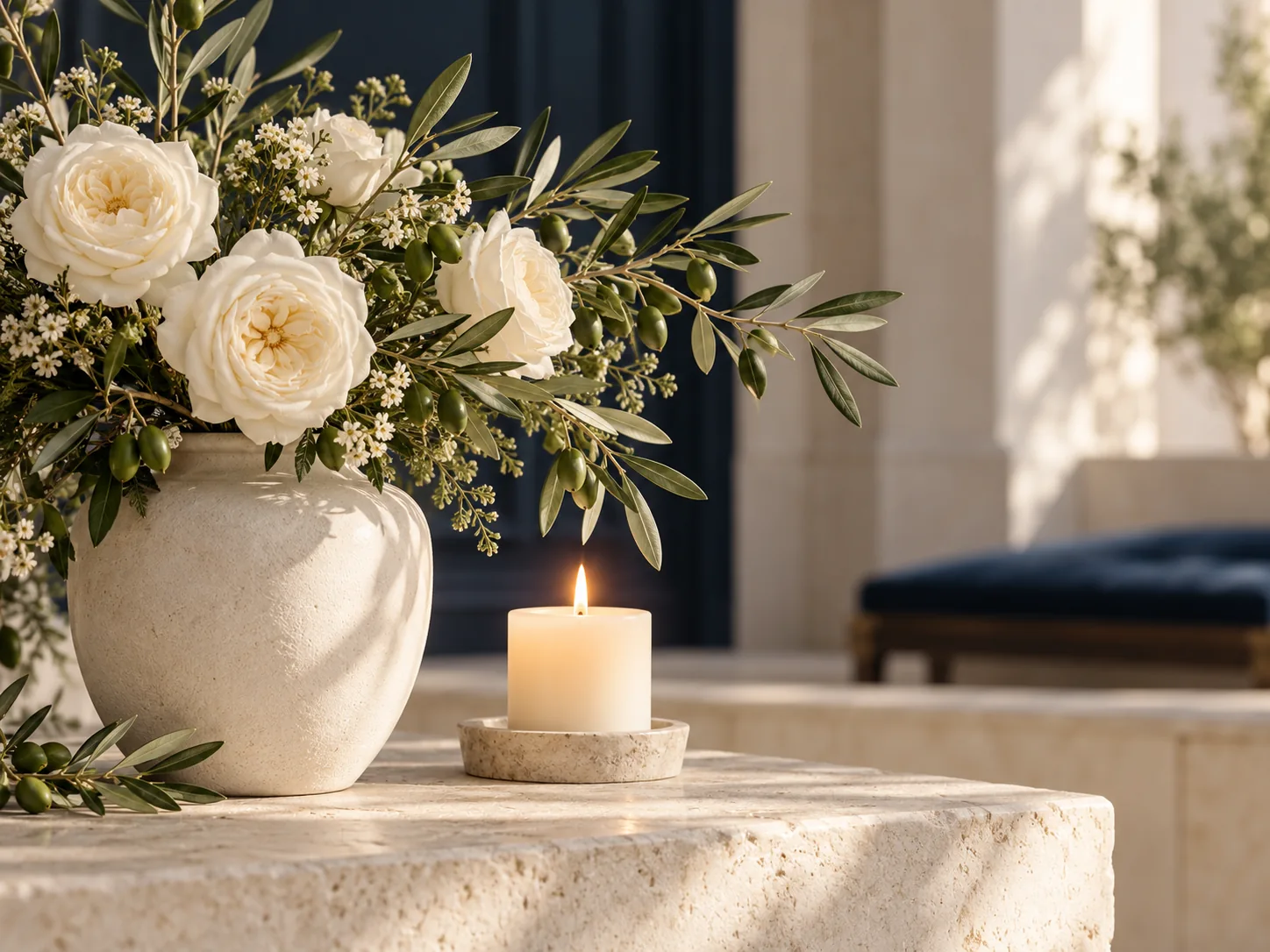Composition florale blanche et bougie