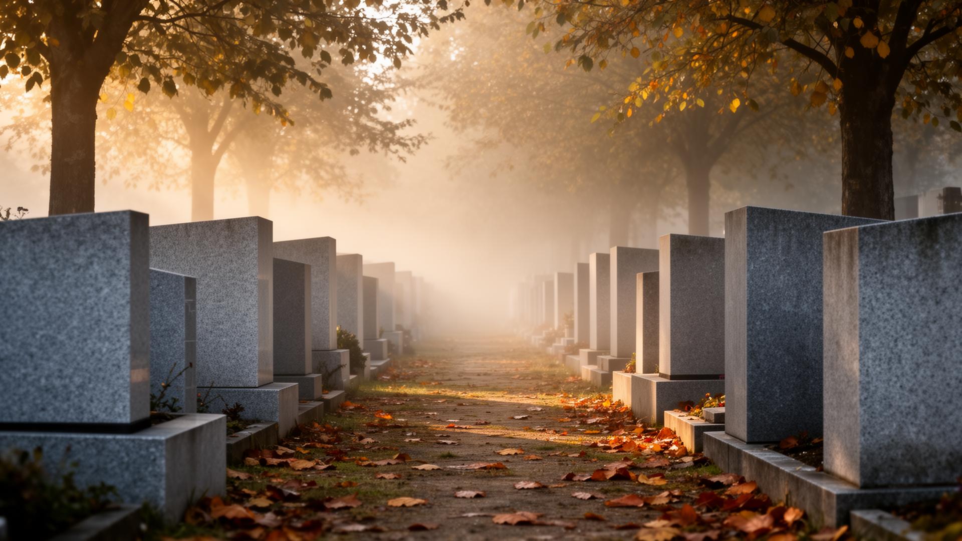 Allée d'un cimetière dans la brume matinale, stèles en granit bordant le chemin