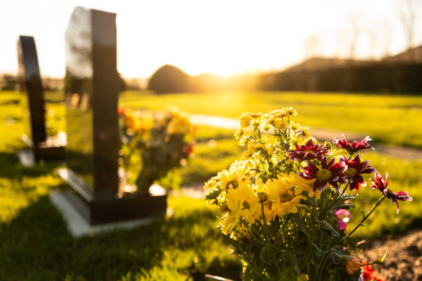 Monuments funéraires et fleurs dans un cimetière au coucher du soleil