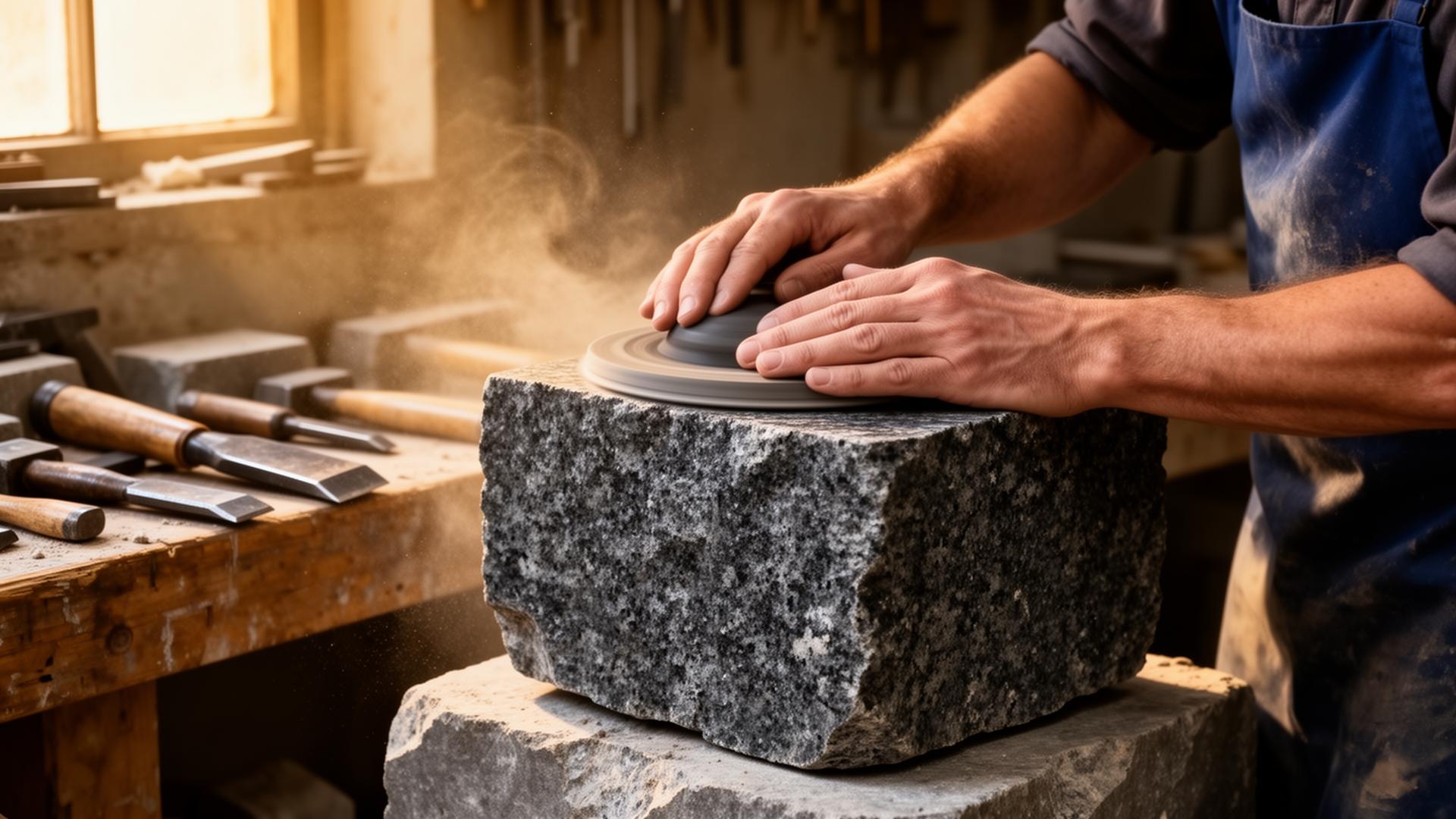Mains de marbrier travaillant un bloc de granit dans un atelier ensoleillé