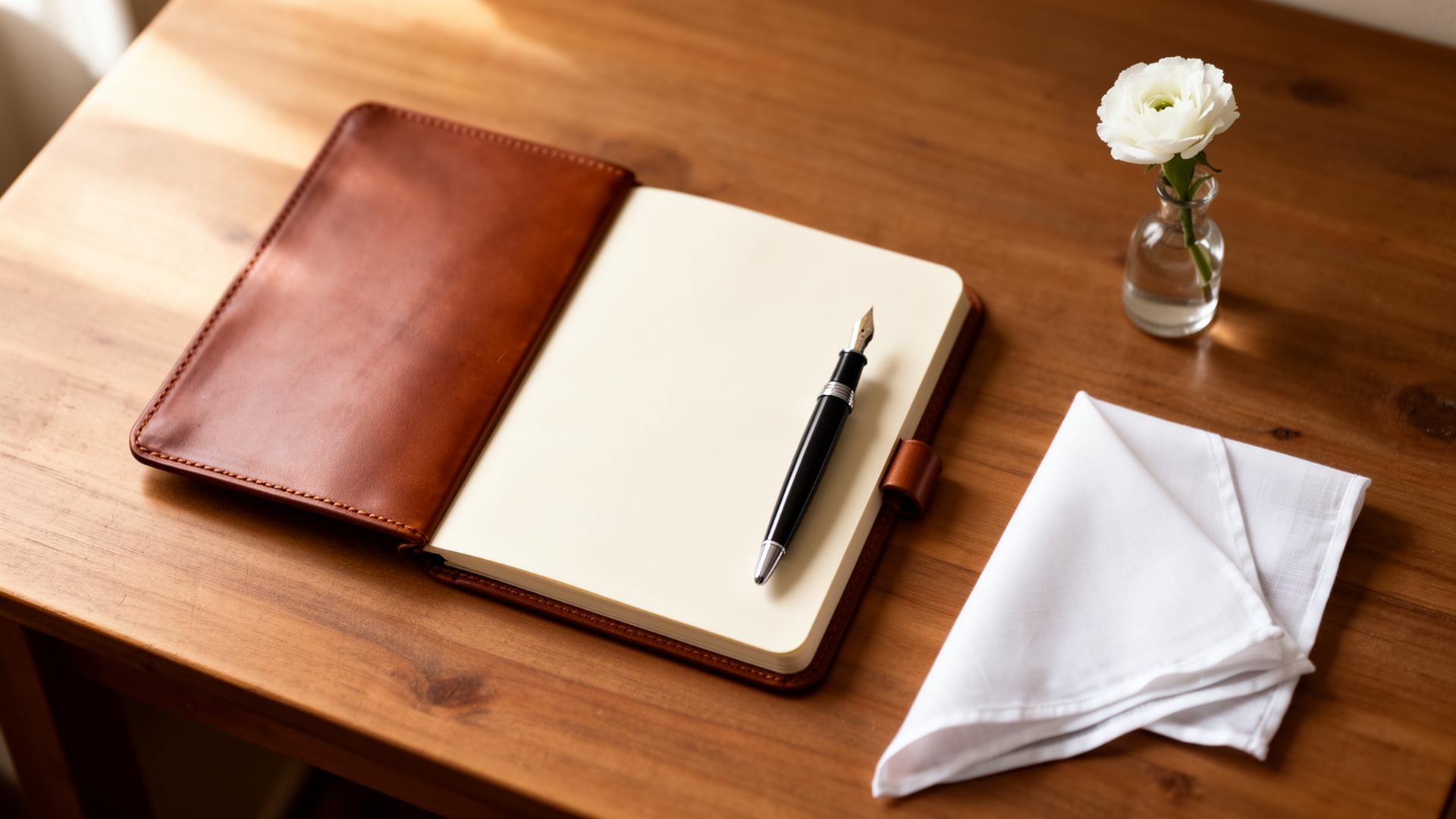 Carnet ouvert, stylo plume et fleur blanche sur une table en bois