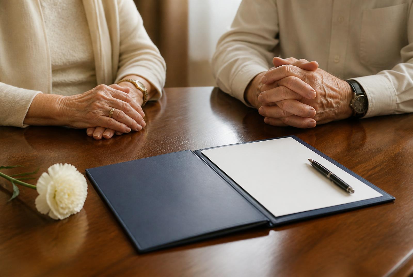 Deux mains se serrant calmement au-dessus d'une table en bois, un dossier bleu posé devant