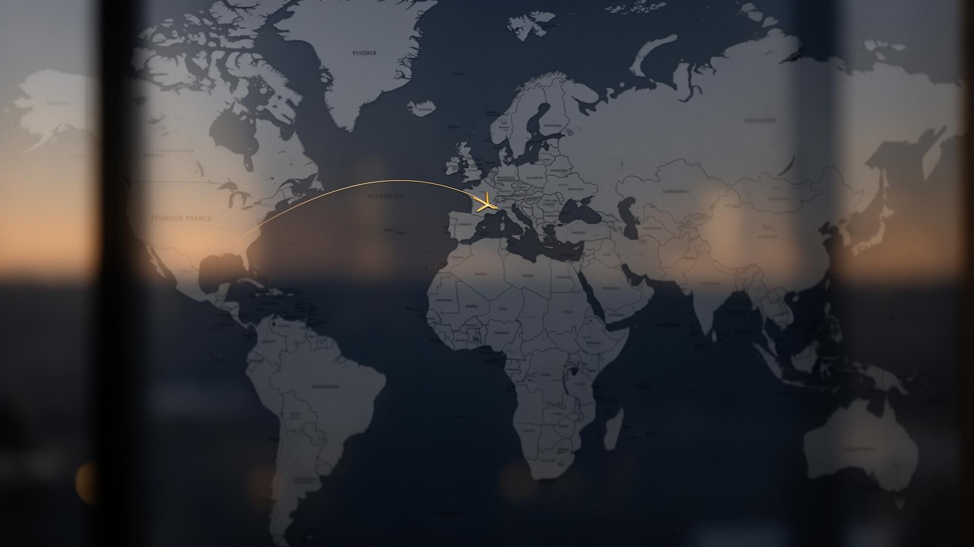 Carte du monde vue à travers une vitre au crépuscule, un fin trajet doré reliant la France à l'autre rive de l'Atlantique