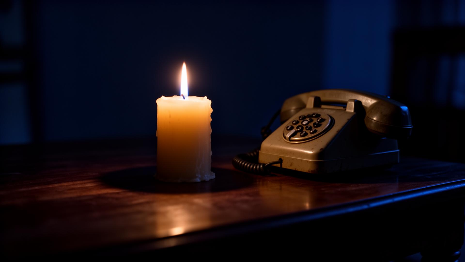 Bougie allumée et téléphone posés sur une table en bois la nuit