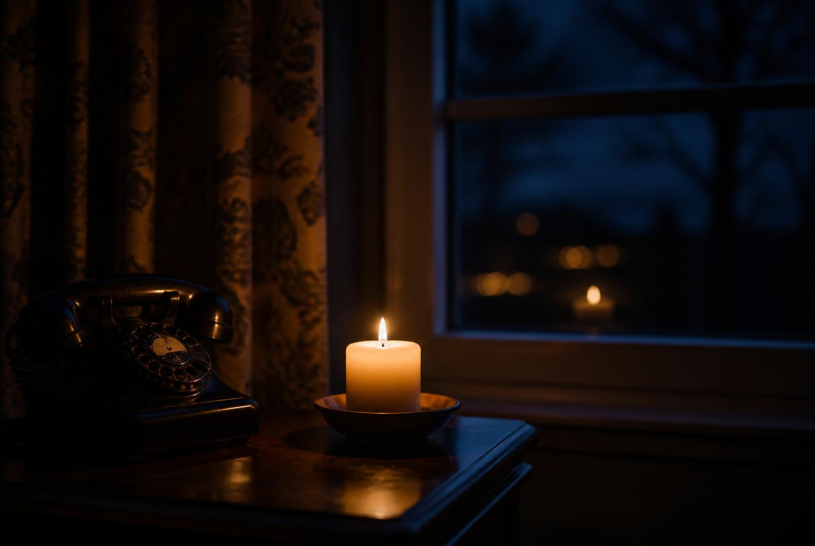 Bougie allumée et téléphone posés sur une table en bois la nuit